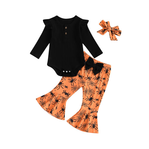 Newborn Baby Girl Halloween Outfits Long Sleeve Romper Tops Pumpkin Bell-Bottom Flare Pants Headband Infant Fall 3Pcs Clothes Set