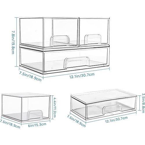 Vtopmart Stackable Storage Drawers Set of 3,Clear Plastic Organizer Bins for Makeup, Cosmetics, Beauty Supplies,Ideal for Vanity, Bathroom,Cabinet,Pantry Organization
