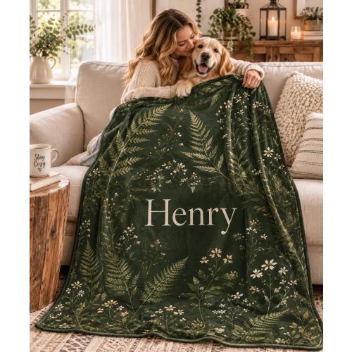 Personalized Name Blanket, Botanical Forest Blanket, Woodland Nursery Decor, Custom Kids Throw, Nature Lover Gift, Baby Shower Gift