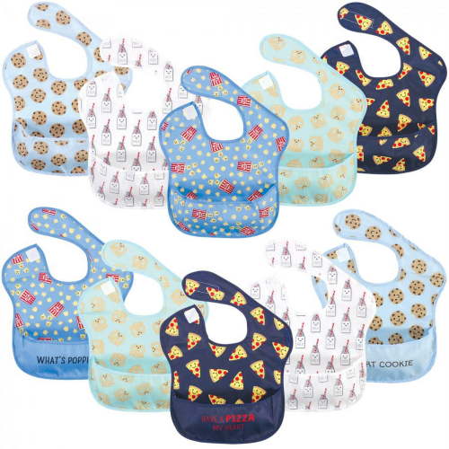 Hudson Baby Infant Boy Waterproof Polyester Bibs 10pk, Pizza Snacks, Beginner