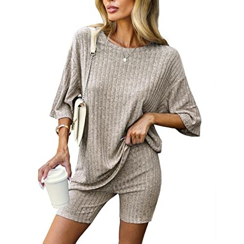 Ekouaer Pajamas 2 Piece Lounge Sets Ribbed Knit Matching Outfits T-shirt Biker Shorts Sleepwear Loungewear Sweatsuits