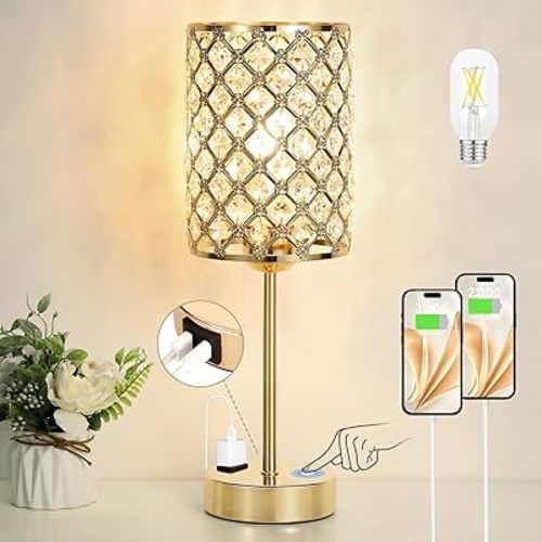 Hong-in Gold Lamps for Night Stands-Crystal Table Lamp with USB-C+A & AC Charging Ports, 3-Way Dimmable Nightstand Touch Lamp, Bedside Desk lamp for Bedroom Living Room Home Office