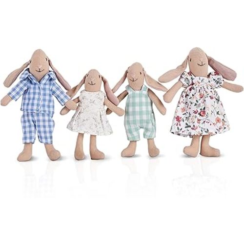 Giant bean Bunny Toys for Kids, Easter Bunny, 4 PCS Hand Made Rabbit Family Dolls with Removable Clothes, Suitable for Infants, Boys and Girls, Dollhouse People, Easter Basket Essentials