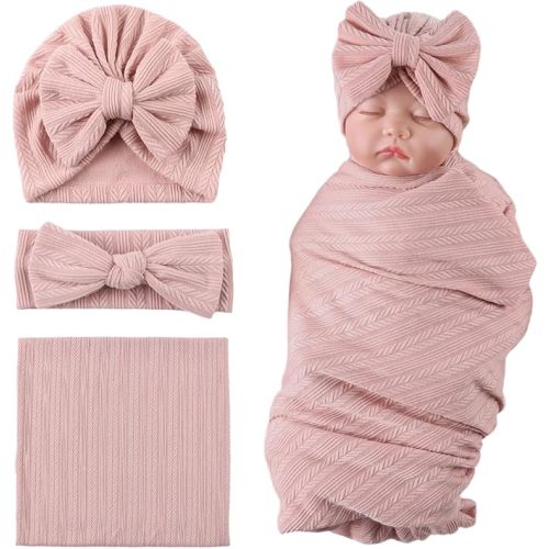 Newborn Receiving Blanket Bow Headband and Beanie Set Baby Swaddle Receiving Blankets Baby Boy Girls Nursery Swaddle Wrap(Pink)