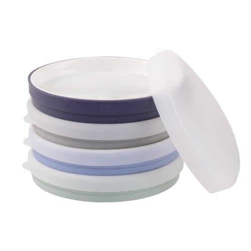 Elk and Friends Kids 7.8” Porcelain White Plates with Silicone Sleeves + Lids | Suitable for Babies/Toddlers | Microwave & Dishwasher Safe | Non Slip Dinnerware | Snack Dishes | 4 Pack