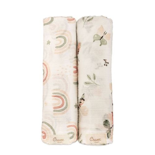 Crane Baby Muslin Swaddle Blanket 2pc - Parker Rainbow Butterfly - 2pk