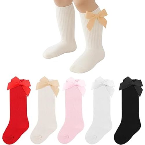 Baby Girl Knee High Socks with Bows Soft Cotton Ruffle Long Stockings Smooth Sole Infant Toddler Uniform