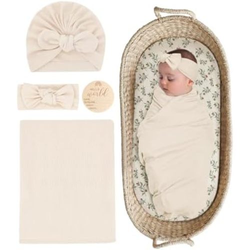 Stretchy Baby Swaddle Blanket and Headband Set, Newborn Receiving Blankets with Matching Hat for Nursery Swaddle Wrap