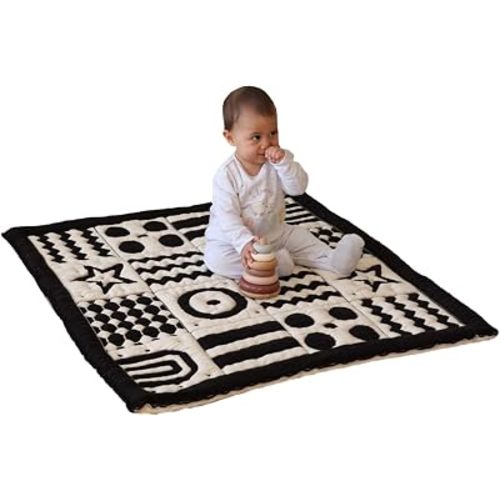3D Soft Organic Cotton Crawling Blanket – GOTS Certified, 40x40 in Montessori Design for Motor Skill Development, Reversible, No Loose Threads – Washable & Sustainable