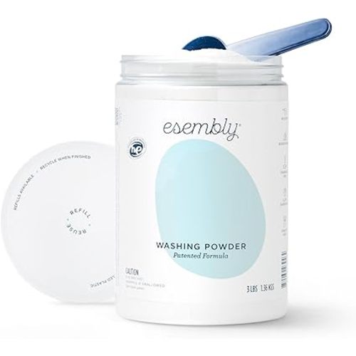 Esembly Laundry Washing Powder, 3lbs Refillable Cannister with Scoop | Mineral Based HE Detergent, Cloth Diaper Safe for All Household Laundry - Patented, Fragrance-Free, EWG Verified - Canister