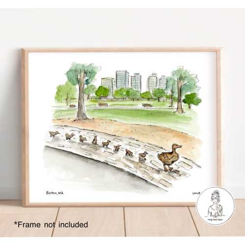 Boston, MA - Ducklings, Boston Public Garden. Watercolor & Ink Illustration, Archival Quality, 8x10, 11x14 or 16x20 print