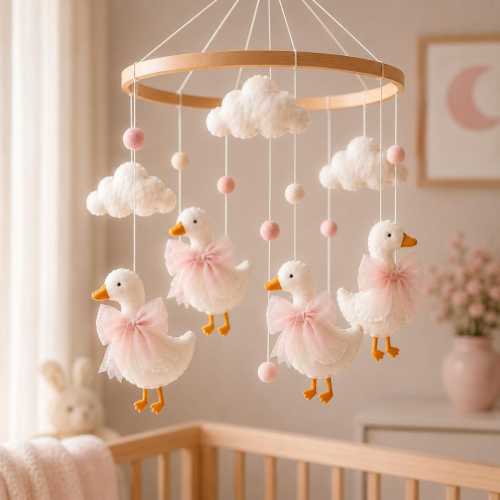 Goose Baby Mobile, Baby Girl Nursery Mobile, Felt Duck Mobile, Handmade Baby Crib, Blush Pink Nursery Decor, Baby Shower Gift