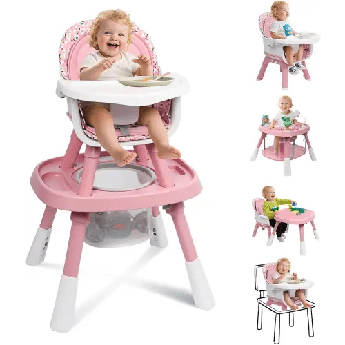 15 in 1 Convertiable High Chair for Babies and Toddlers, 2 in 1 Highchair & Activity Center w/Toys, Booster Seat, Toddler Chair w/5-Point Harness & Removable Tray & 2-Layer Cusion (Pink)