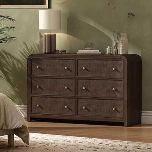 Oak&Sparrow 6 Drawer Dresser for Bedroom, 49'' Rattan Dresser with Ample Storage, Boho Chest of Drawers, Thickened Curved Profile Design, Dark Walnut Dressers for Bedroom, Living Room