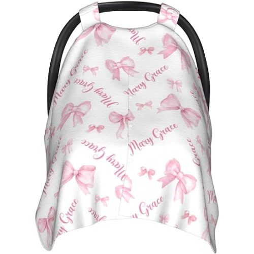 Funda personalizada para asiento de automóvil para bebé con nombre, funda de lactancia personalizada con lazos rosados, toldo para asiento de automóvil, funda para carrito de compras, suave