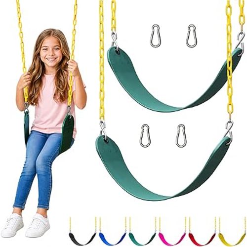 Jungle Gym Kingdom Swing for Outdoor Swing Set - Swing Seat Replacement Kit with Heavy Duty Chains - Backyard Swingset Playground Accessories for Kids - Green, 2 Pack