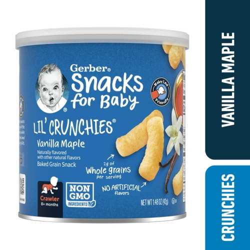 Gerber Snacks for Baby Lil Crunchies Baked Grain Vanilla Maple, 1.48 oz Canister