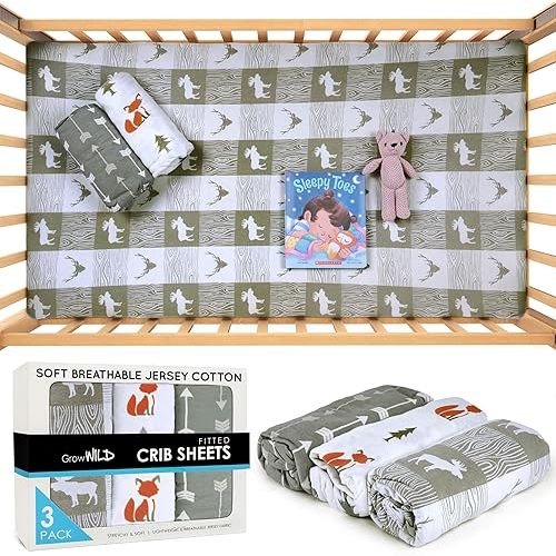 Fitted Crib Sheets (3 Pack) by GROW WILD - Jersey Knit Cotton Crib Sheets for Boys Crib Bedding Set (Forest Fun)