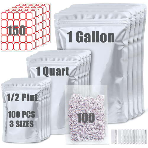 100 Pack Mylar Bags for Food Storage with 100x300cc Oxygen Absorbers - 9 Mil 10"x14", 9Mil 6"x9", 9Mil 4.3"x6.3" - Resealable Bags for Packaging Products & Ziplock Food Grade Bag for Storage