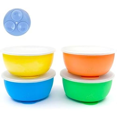 Elk and Friends Stainless Steel Bowls with Silicone Sleeve for Babies & Toddlers | Lids Included | Stay Put Suction | Cereal & Snack Bowls | 4 Pack