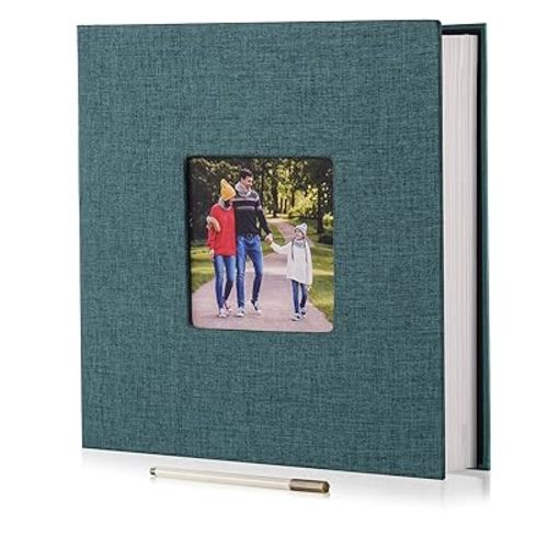 HoneyTolly Large Photo Album Self Adhesive with Picture Display Window, DIY Scrapbook Album for 4x6 8x10 Pictures, 40 Pages Linen Cover Memory Book with Scraper and Metallic Pen(Dark Green)