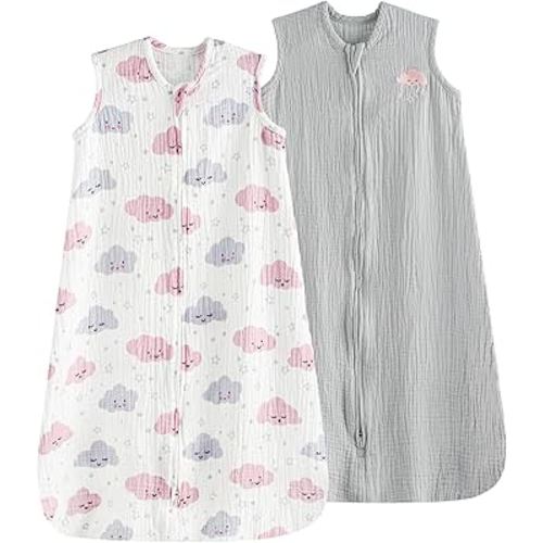 PHF 100% Muslin Cotton Baby Sleep Sack, 6-12 Months Baby Wearable Blanket with 2-Way Zipper, 2 Pack Soft Breathable Cooling 0.5 TOG Medium Size Sleeveless Sleeping Bag for Boys/Girls, Clouds