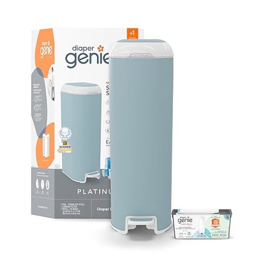 Diaper Genie Platinum Pail (Lily White) is Made in Durable Stainless Steel and Includes 1 Easy Roll Refill with 18 Bags That can Last up to 5 Months.