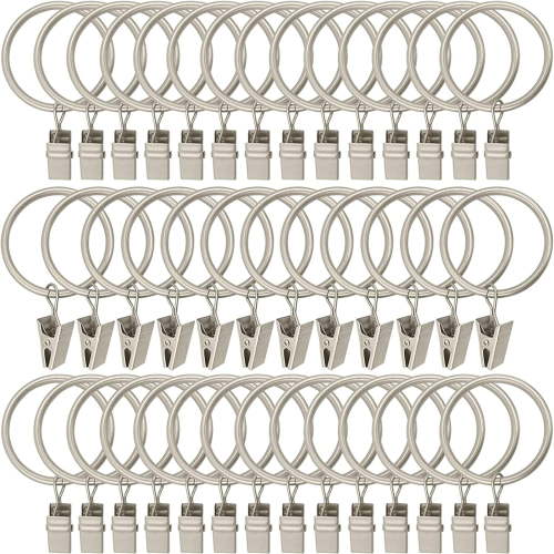 40 Pack Metal Curtain Rings with Clips, Drapery Clips Hooks, Decorative Curtain Rod Clips Hangers 1.5 Inch Interior Diameter Eyelets, Matte Silver