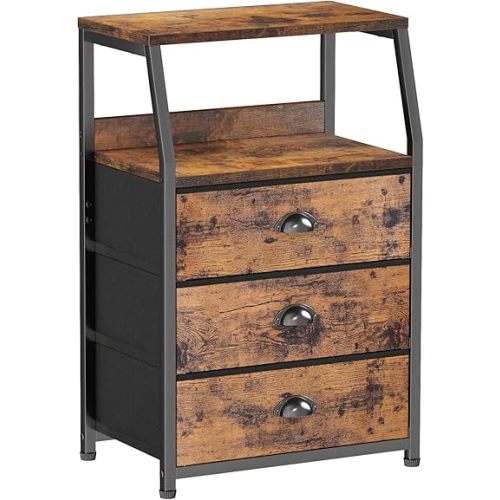 Furnulem Nightstand with 3 Drawers and 2-Tier Shelf, Fabric Small Dresser Organizer Vertical Storage Tower for Bedroom, Closet, Hallway, Nursery, End Table Side Furniture, Sturdy Steel Frame, Wood Top