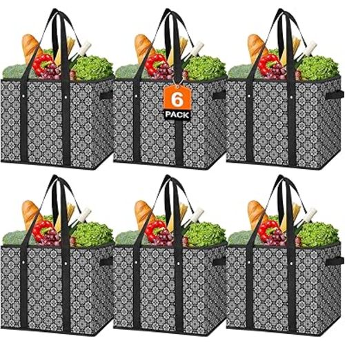 WISELIFE Reusable Grocery Bags [6 Pack],Large Grocery Tote Bag Water Resistant Shopping Bags Foldable Grocery Bag for Clothes,Shoes and Picnic,Black