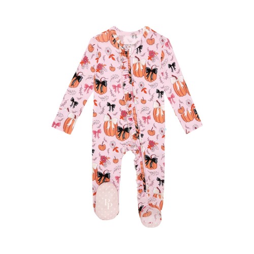 Pumpkin Print Ruffle Zip Footie, 3-6M