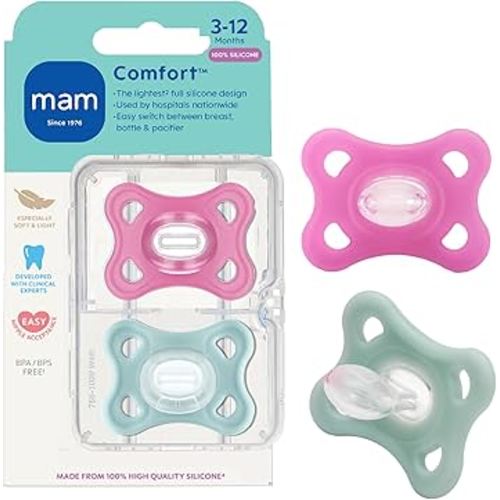 MAM Comfort Baby Pacifiers, Lightweight One-Piece Full Silicone Binky for Newborns 3-12 Months, BPA-Free, Easy to Clean Pacifier, Best for Breastfed Babies, with Sterilizer Case, 2 Count Binkies