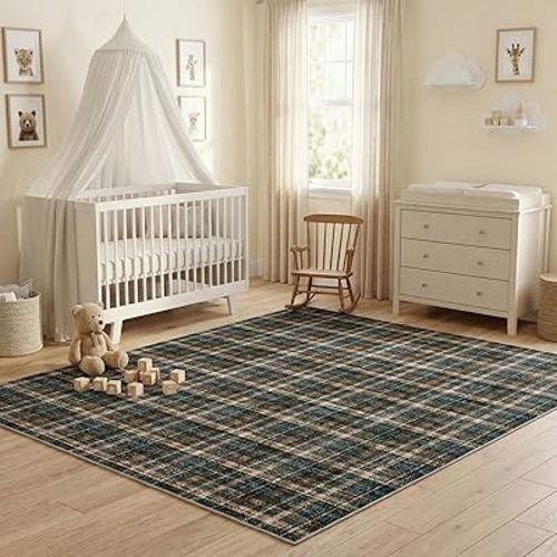 Modern Plaid Area Rug 5x7 Washable Rugs for Living Room Non Slip Low Pile Non-Shedding Carpet Soft Thin Neutral Indoor Foldable Checkered Rugs for Bedroom Nursery Office Dorm Black Brown