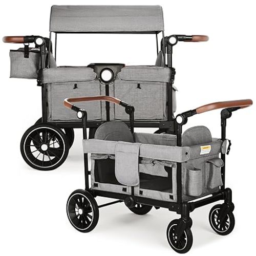 Wagon Stroller for 2 Kids, Foldable Kids Wagon Cart Featuring with Harnesses, Adjustable Double Push Handle, Removable Canopy, Snack Tray, Large Storage Bag, Gray