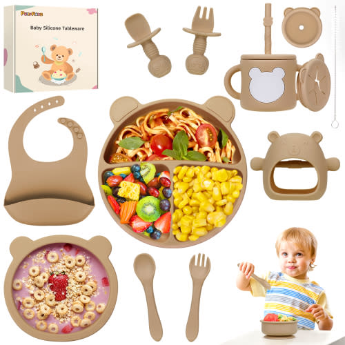PERRYHOME Silicone Baby Feeding Set, 12pcs Safe Baby Led Weaning Supplies, Baby Plates and Bowl Set, Baby Spoon and Baby Bib, Baby Feeding Essentials(Brown)