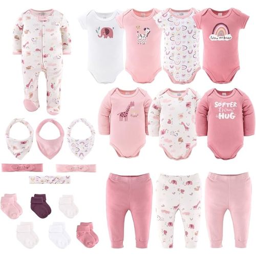 The Peanutshell Baby Layette Gift Set for Girls - 23 Piece Newborn Girl Gift Sets, Baby Clothes & Essentials - Rainbow Safari