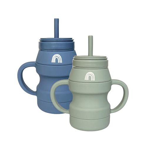 Hippypotamus Silicone Transition Cups - Squeeze-Proof Toddler Cups With Straw & Lid - Removable Handles - Set of 2 (Sage/Fog)