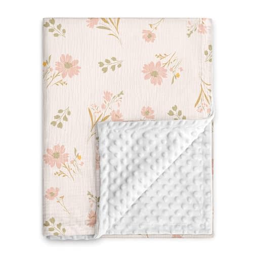 GLLQUEN BABY Blankets for Girls, Soft Muslin Cotton Front Dotted Fleece Backing, Nursery Minky Crib Blanket for Infant Toddler, 30 x 40 inches Throw Blanket, Pink Floral