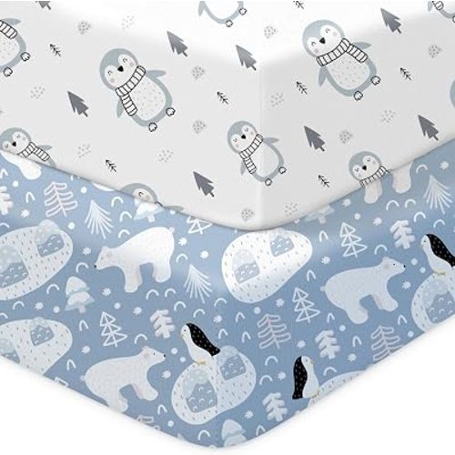 Baby Crib Sheets 2 Pack for Boys and Girls Fit for Standard Crib Toddler Mattress Breathable Soft Microfiber Baby Sheet 28x52x8in(Penguin & Polar Bear)