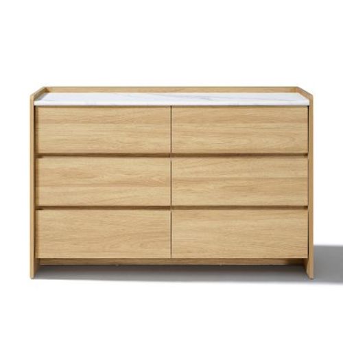 LuxenHome 47.2” Hazel Oak 6-Drawer Dresser with Raised Sides, Faux Marble Top, Durable Manufactured Wood Brown