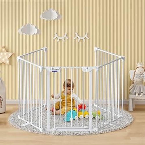 Kfvigoho Baby Gate 27.5"-129" Extra-Wide Playpen, Play Yard Child Safety Fence, Dog Gate with Auto-Close Door, Double Locking System for Fireplace, Foldable 5 Steel Panels, White