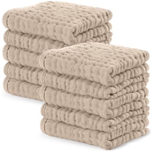 Baby Washcloths Muslin Cotton, Large 10”x10” by Comfy Cubs - Sand, Pack of 10