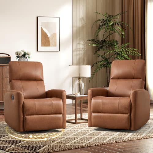 HAOMARKETS Swivel Rocker Recliner Chair Set of 2, Manual Faric Glider Rocking Recliners for Adults, 360° Swivel Nursery Reclining Sofa with Padded Backrest for Living Room, Dark Brown