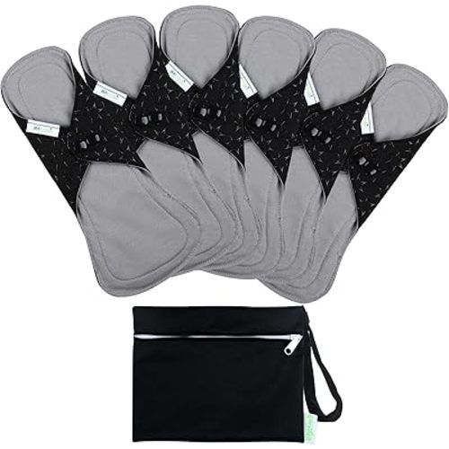 wegreeco 6 Pcs Reusable Menstrual Pads, Ultra Absorbent Cloth Pads for Heavy Flow, Sanitary for Teens, Women, Nonslip, Grey Inner, Black Outer, Large
