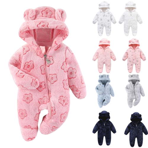 Newborn Baby Bear Ears Romper Soft Flannel Floral Hooded Onesie Zipper Winter Warm Infant Jumpsuit Newborn Footie Bodysuit 3-12 Months
