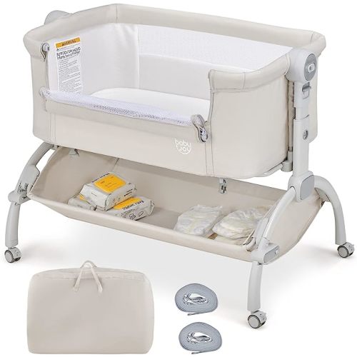 BABY JOY Baby Bassinet, 3-in-1 Rocking Bassinet w/Storage Basket, Double-Lock Design, 7 Adjustable Heights, Soft Mattress & Portable Travel Bag, Bassinet Bedside Sleeper for Newborns Infants (Beige)
