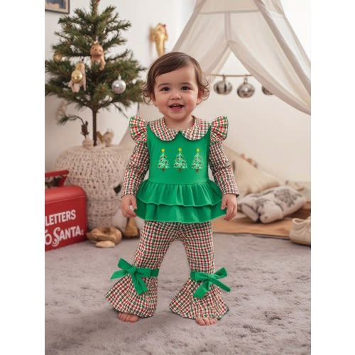 1-2Y 2pcs Girls' Christmas Outfit Set 1-5 Years - Soft Warm Long Sleeve Smock Top & Plaid Flare Pants with Ruffled Collar & Bow Belt, Red/Green Tartan Print, Machine Washable Winter Party Clothes for Xmas Photos & Casual Attire (Toddler to Little Girls) -