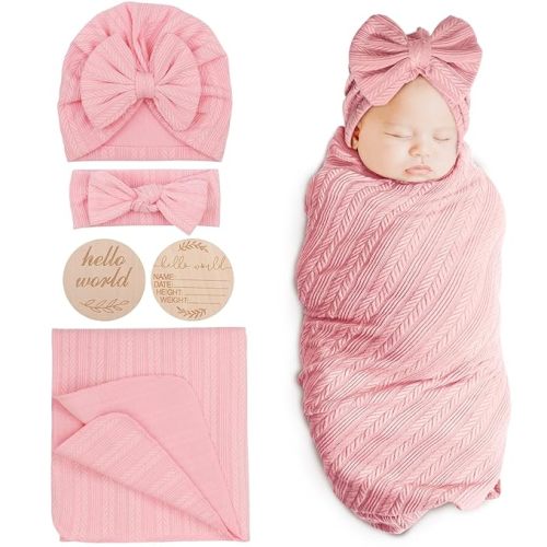 BQUBO Baby Swaddle Blankets for Girls, 4PCS Newborn Accessories Set with Hat and Bow Headband with Hello World Wooden Birth Announcement Card, Baby Blankets for Girls (Pink)