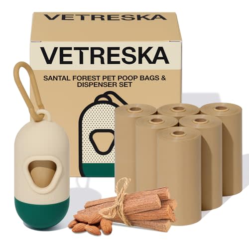 VETRESKA Dog Poop Bags Dispenser with 105 Bags, Leak Proof and Extra Thick | Pet Waste Bags for Dog Walking and Cat Litter, Sandalwood & Almond Scented