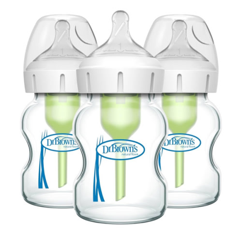 Dr. Brown's Natural Flow Anti-Colic Options+ Wide-Neck Glass Baby Bottles 5 oz/150 mL, with Level 1 Slow Flow Nipple, 3 Pack, 0m+